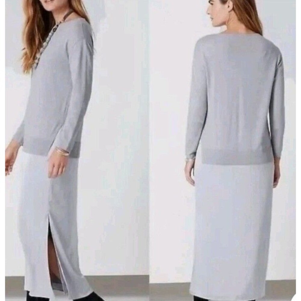 J Jill Wearever Sweater Dress 2X Mixed Media Gray Knit Satin Midi Classic Casual